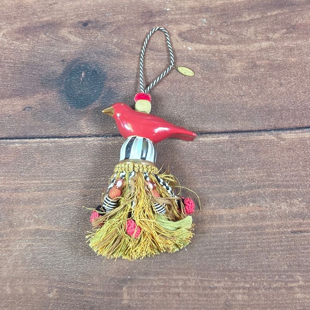 MacKenzie-Childs Cardinal Bird Tassel Ornament Red OS Good Striped Whimsical
